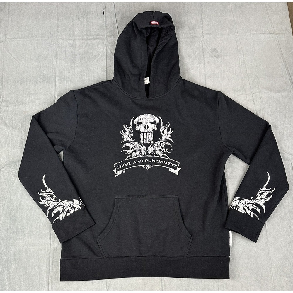 Punisher Hooded Sweatshirt Marvel Crime Punishment Mens XL Pullover Comic Black